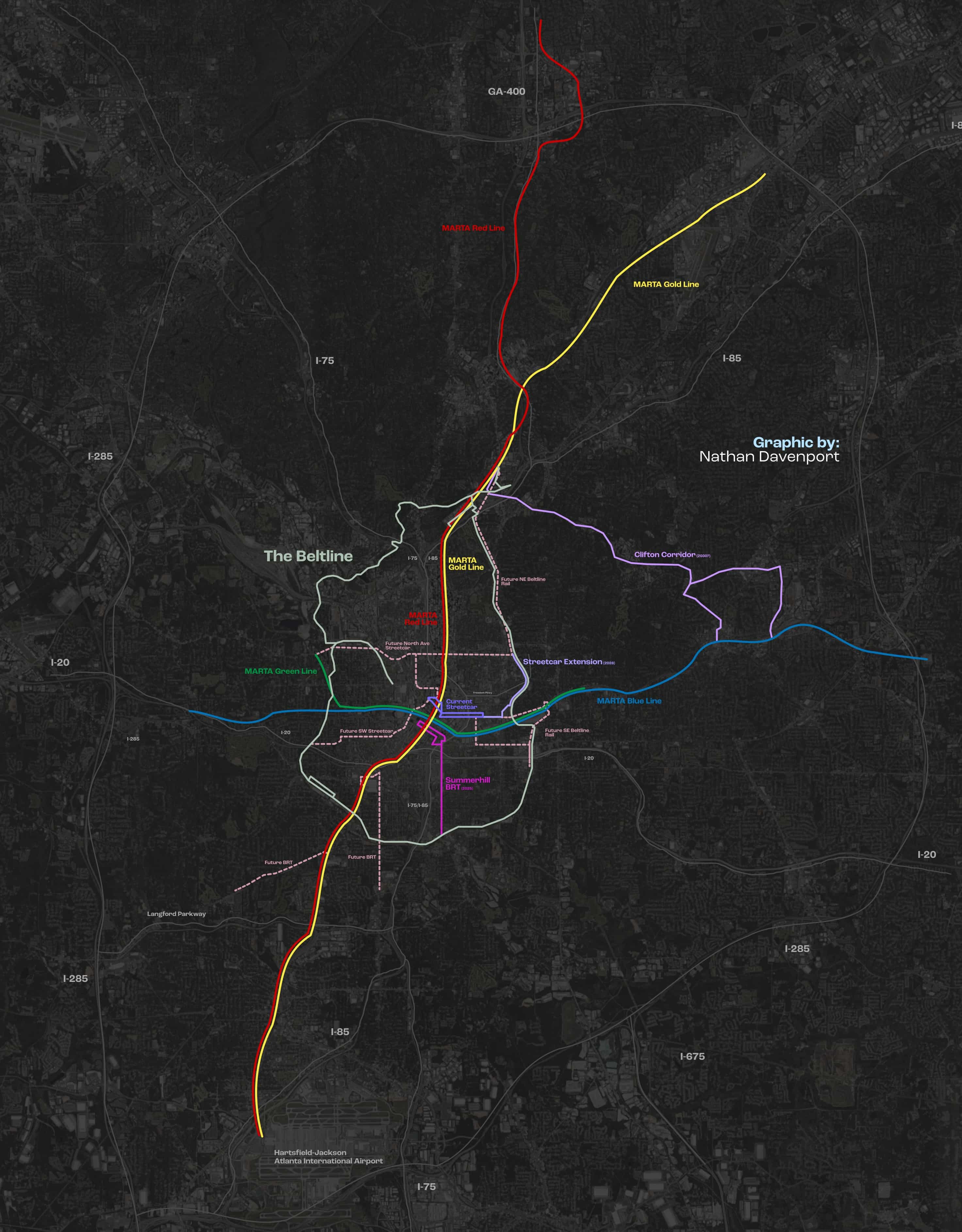 Image: Future Transit in Atlanta, including proposed light rail routes, adapted from [Atlanta Beltline Inc.](https://www.axios.com/local/atlanta/2023/09/13/beltline-kicks-off-transit-planning-on-remaining-segments)